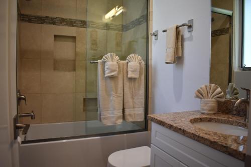 a bathroom with a shower and a toilet and a sink at 245 San Miguel in Avila Beach