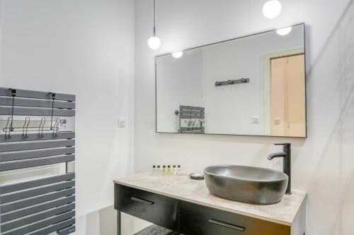 La salle de bains est pourvue d'un lavabo et d'un grand miroir. dans l'établissement Le Franklin Roosevelt, à Marseille