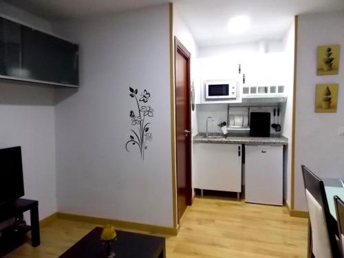 Habitación con cocina con una pared con una estampa de flores. en Apartamentos Capuchinas, en Plasencia
