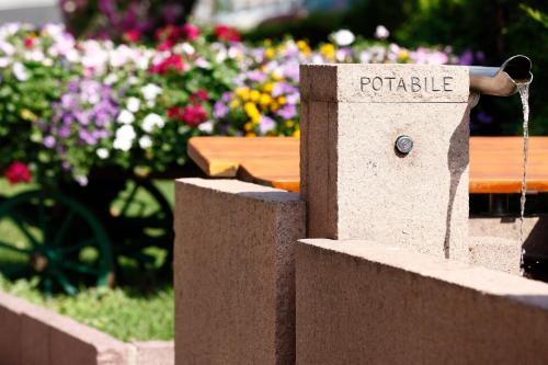 a concrete bird bath with the word potable on it at Hotel Nele in Ziano di Fiemme
