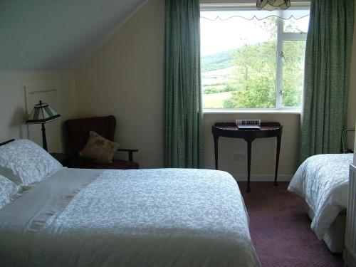 a bedroom with two beds and a window with a chair at Hillside House in Gorey