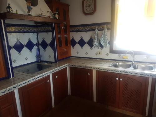 kuchnia z brązowymi szafkami, umywalką i oknem w obiekcie Finca Los Álamos w mieście Breña Baja