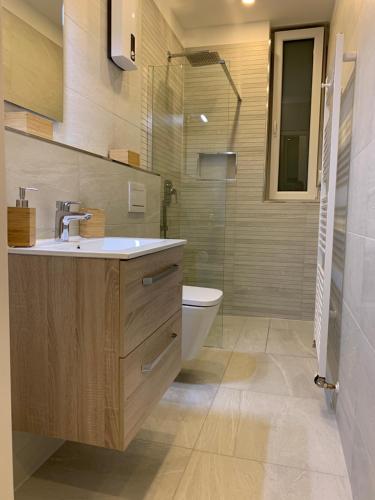 y baño con lavabo, aseo y ducha. en Apartment am Zollverein -WiFi - Parking for free, en Essen