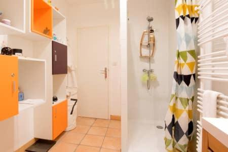La salle de bains privative est pourvue d'un lavabo et d'une douche. dans l'établissement Superbe appartement avec terrasse en centre ville, à La Rochelle