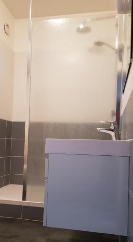une salle de bain avec un lavabo et une douche dans l'établissement Séjour romantique à Cabourg, studio vue mer, à Cabourg