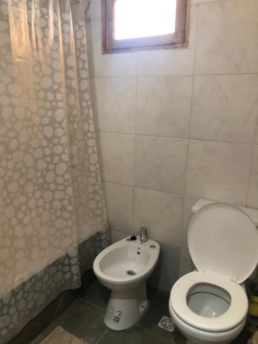a bathroom with a toilet and a shower curtain at Terrazas de Uspallata in Uspallata