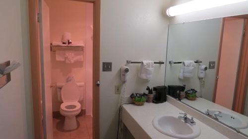 a bathroom with a toilet and a sink and a mirror at Casa Lemus Inn in Raton