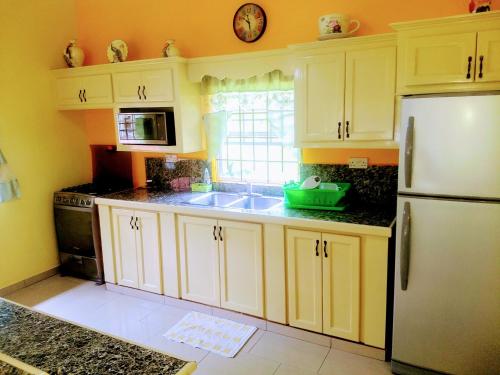 a kitchen with white cabinets and a stainless steel refrigerator at BenCastle Villa in Gros Islet