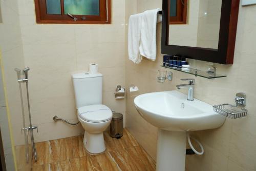 a bathroom with a toilet and a sink and a mirror at The Grand Hanthana in Kandy