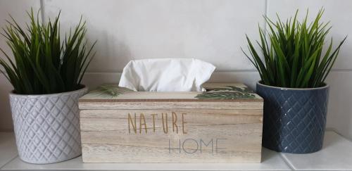 una caja de madera con un cartel de bienvenida junto a dos macetas en Ferienwohnungen Nahrstedt, en Waldeck