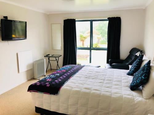 a bedroom with a large bed and a television at Hokitika - Blue Spur Bed and Breakfast in Hokitika