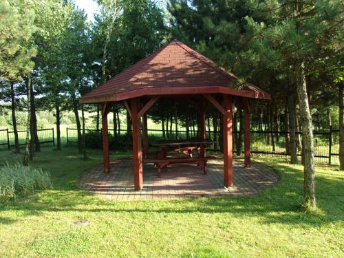gazebo in legno con tavolo da picnic in un parco di Agroturystyka u Basi a Wola Kalinowska