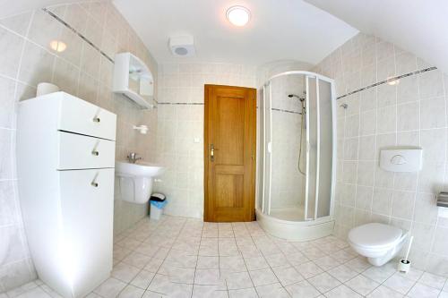 uma casa de banho com um chuveiro, um WC e um lavatório. em Pension U Háčků em Harrachov