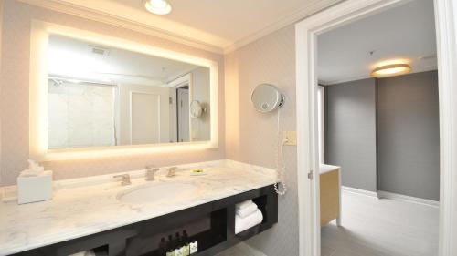 a bathroom with a sink and a mirror at InterContinental Kansas City at the Plaza by IHG in Kansas City