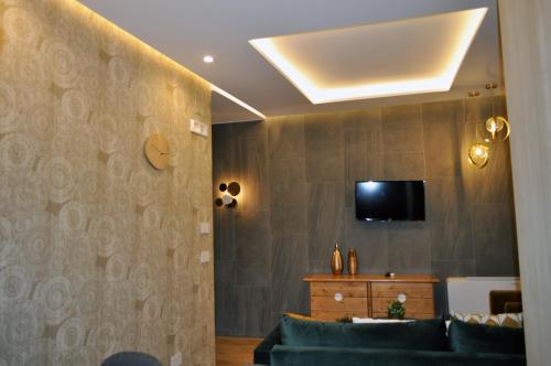 a living room with a couch and a tv on a wall at Epoca in Sila in Camigliatello Silano