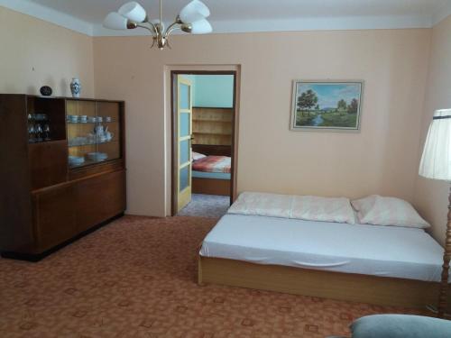a bedroom with a bed and a cabinet and a mirror at Ubytování U Jezérka in Ratíškovice