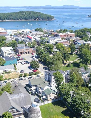 an aerial view of a small town next to the water at Acadia Hotel - Downtown in Bar Harbor