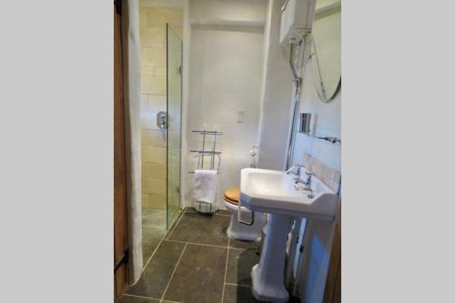 uma casa de banho com um lavatório, um chuveiro e um WC. em Wolfin Farm Accomodation em Crediton