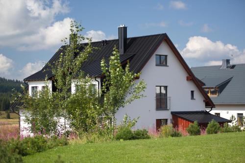 a white house with a black roof at NESS by Mountain ways in Boží Dar