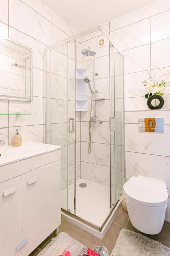 a bathroom with a shower and a toilet at Flowers Island house 2 in Funchal