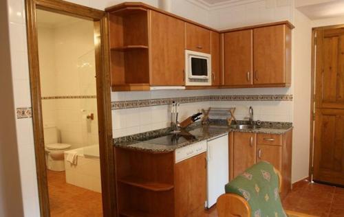 a kitchen with wooden cabinets and a sink and a toilet at Apartamentos Rurales La Granda in Cangas de Onís
