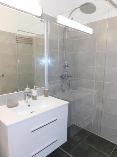ein Badezimmer mit einem weißen Waschbecken und einer Dusche in der Unterkunft Lovely 1 Bedroom Boulevard de la Croisette in Cannes