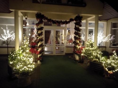 a room with christmas lights and christmas trees at Hotel Polak in Zamość
