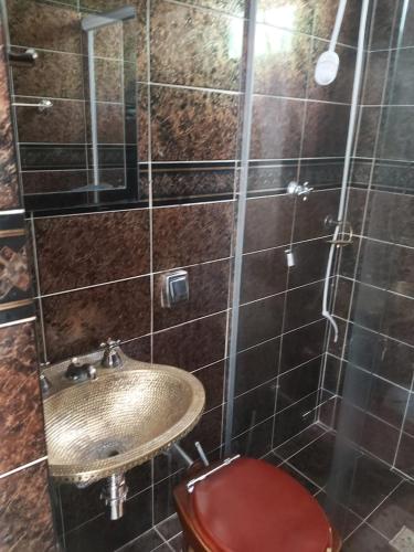 a bathroom with a sink and a red toilet at SÍTIO FLOR DE LYS in Jarinu