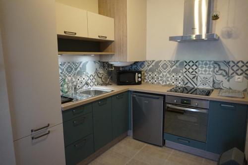 une cuisine avec des armoires vertes et une cuisinière four supérieur dans l'établissement Appartement Contemporain Pont Vieux, à Carcassonne