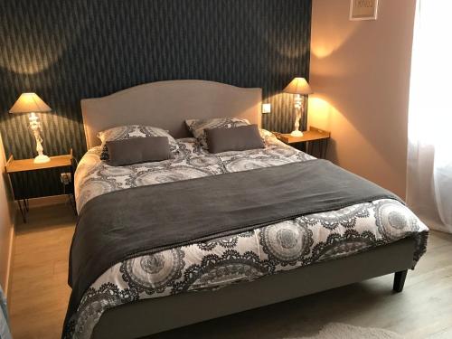 une chambre avec un grand lit avec deux oreillers dans l'établissement Appartement Contemporain Pont Vieux, à Carcassonne