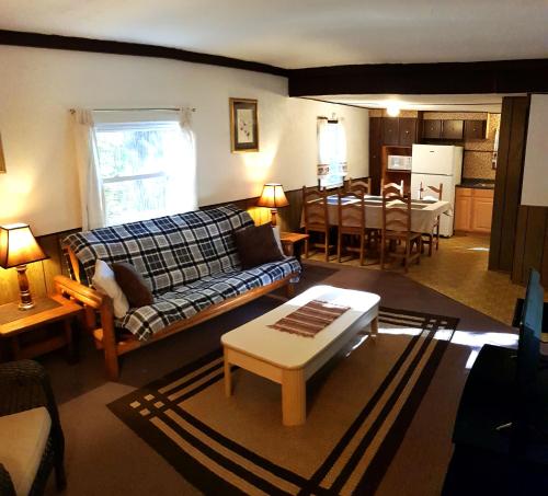 a living room with a couch and a table at The Aspen Cabin in Wilmington