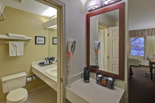a bathroom with a toilet, sink and mirror at Country Inn at the Mall in Bangor