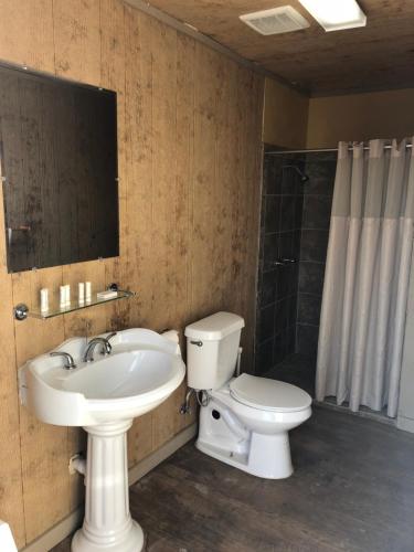 a bathroom with a sink and a toilet and a shower at Orr Family Farm & RR, LLC in Oklahoma City