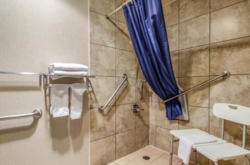 a bathroom with a shower with a blue shower curtain at Americas Best Value Inn & Suites Ft Collins E at I-25 in Fort Collins