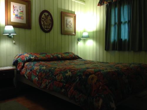 1 dormitorio con 1 cama con un edredón colorido en Cabaña Los Abetos 3 en El Bolsón
