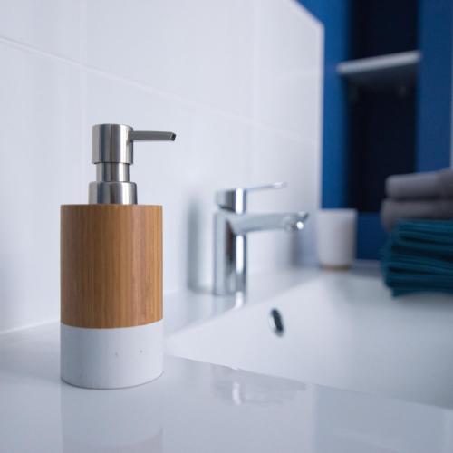 La salle de bains est pourvue d'un lavabo et d'un distributeur de savon en bois. dans l'établissement Studios Nancy GARE - STANISLAS, à Nancy
