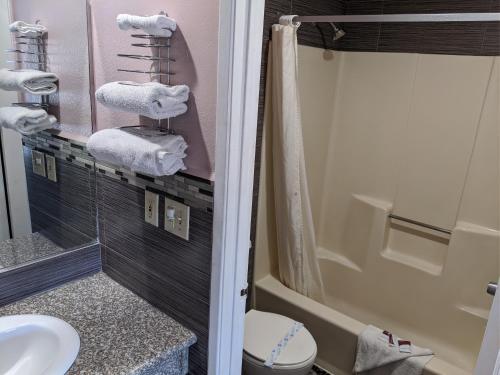 a bathroom with a sink and a toilet and a shower at Passport Inn in Whittier