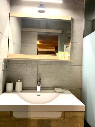une salle de bain avec un lavabo et un miroir dans l'établissement Appartement Duplex Forclaz, à Chamonix-Mont-Blanc