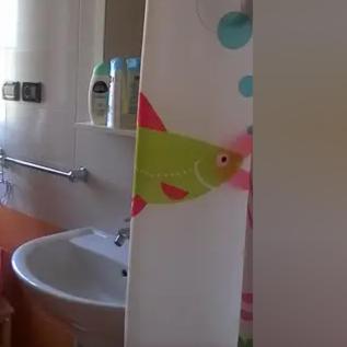 baño con cortina de ducha con un pájaro en la pared en ospitalità rurale, en Agliè