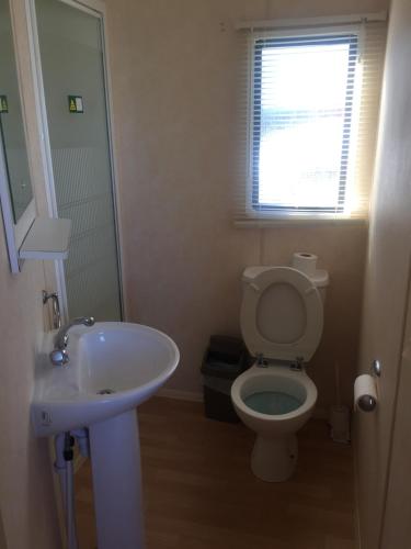 a bathroom with a toilet and a sink and a window at The 'Croyde' Caravan in Bideford