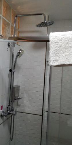 a shower in a bathroom with a glass door at La Baraka de Guadalmar B&B Aeropuerto in Málaga
