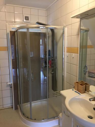 La salle de bains est pourvue d'une douche et d'un lavabo. dans l'établissement Het Huis, à Velp