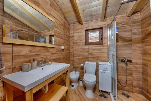 ein Bad mit einem WC, einem Waschbecken und einer Dusche in der Unterkunft Rejan Lux in Ulcinj