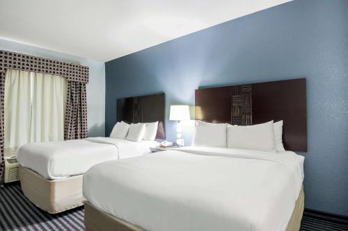 two beds in a hotel room with blue walls at Motel 6-Mineral Wells, TX in Mineral Wells