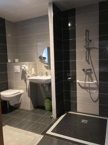 a bathroom with a shower and a sink and a toilet at Chambre d'hôtes Le Cascadou in Banassac