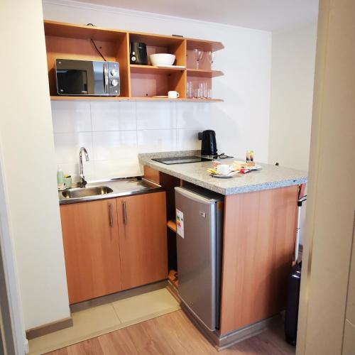 a small kitchen with a sink and a refrigerator at Apart Hotel Viva Providencia in Santiago