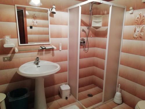 La salle de bains est pourvue d'un lavabo et d'une douche. dans l'établissement bar Nuovo Mondo, à Mussolino