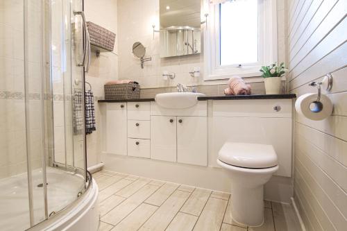 y baño con aseo, lavabo y ducha. en Keer lodge - Pine Lake Resort, en Carnforth