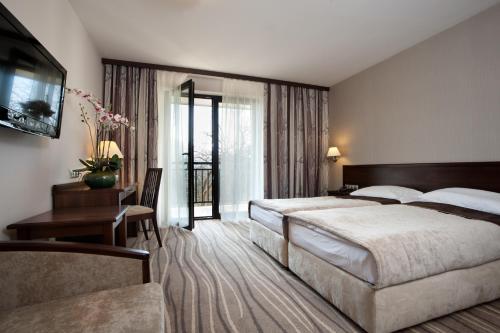 a bedroom with a bed and a desk and a television at Hotel SPA Budowlani in Szczawnica