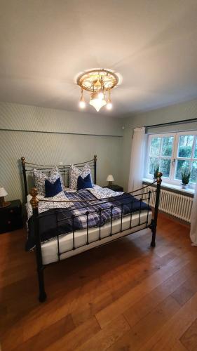 a bedroom with a bed with blue sheets and a chandelier at Dat moi lüttje Ostfreesen Landhuus in Halbemond